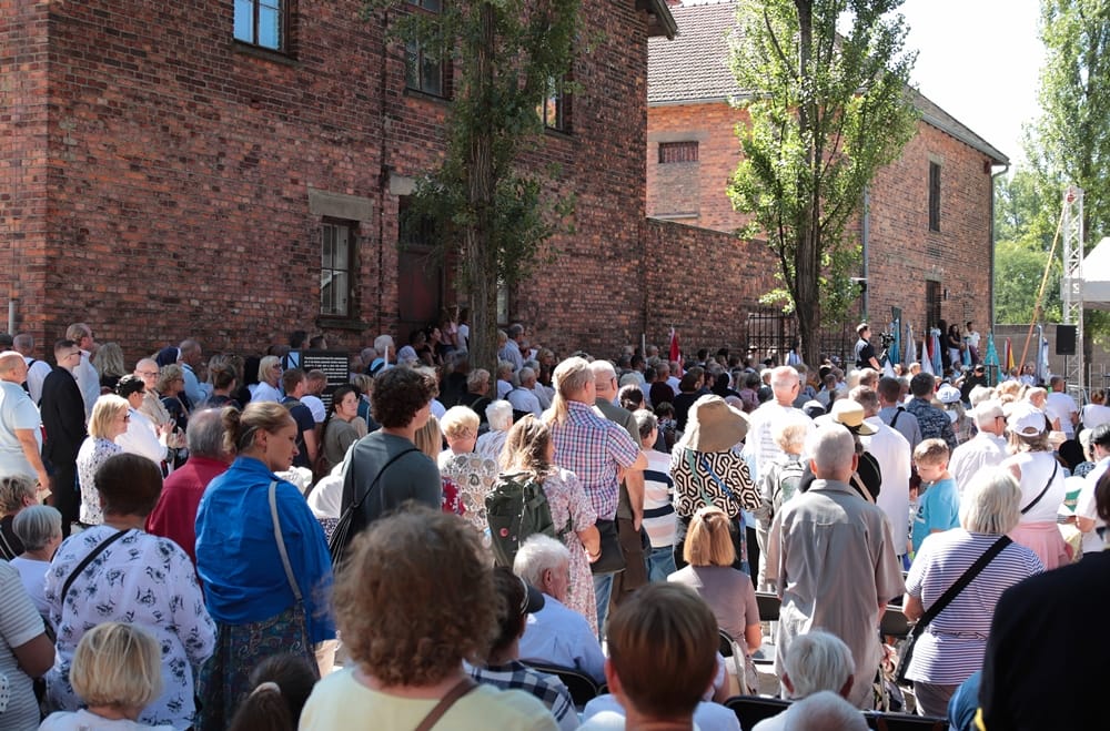 Dicht gedrängte Menschenmenge von hinten fotografiert, die im Freien vor historischen Backsteinbauten sitzt und steht. Die Besucher nehmen an einer Veranstaltung teil.