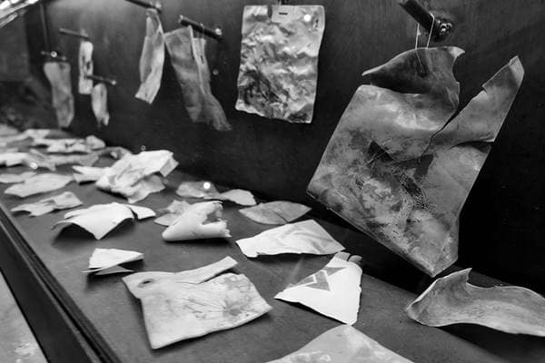 Ausstellungsvitrine mit archäologischen Funden aus dem Lagergelände Bełżec